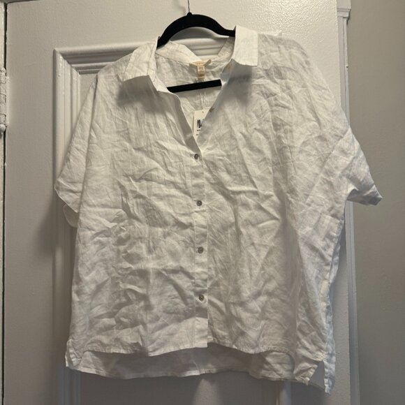 Eileen Fisher white linen short sleeve button down NWT Size L - Picture 1 of 4